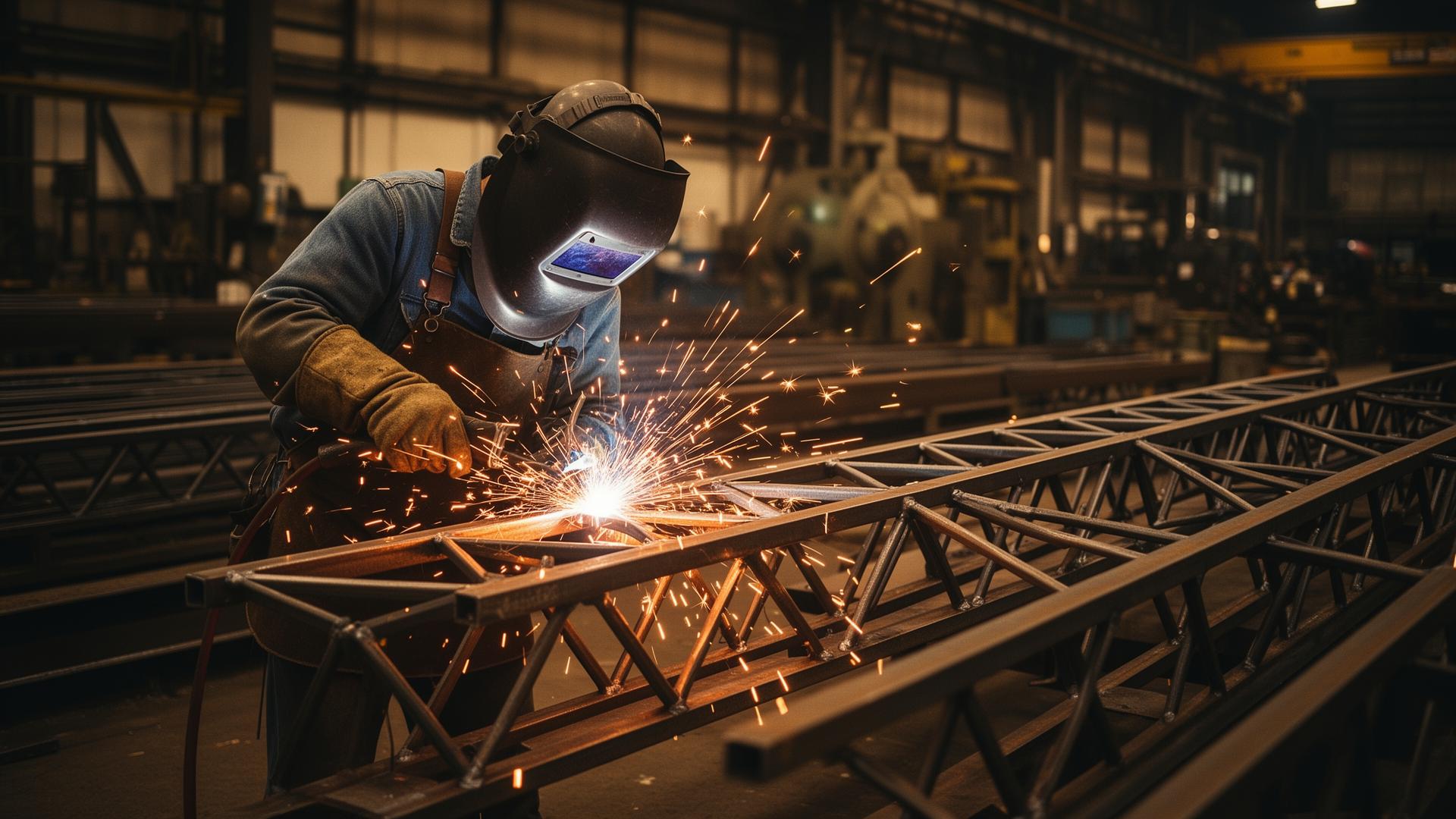 Welder fabricating steel joists in an American shop